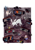 Art Print of "Down the Rabbit Hole" showing a white rabbit falling past shelves with books and items, inspired by Alice in Wonderland by C.S.Lewis.