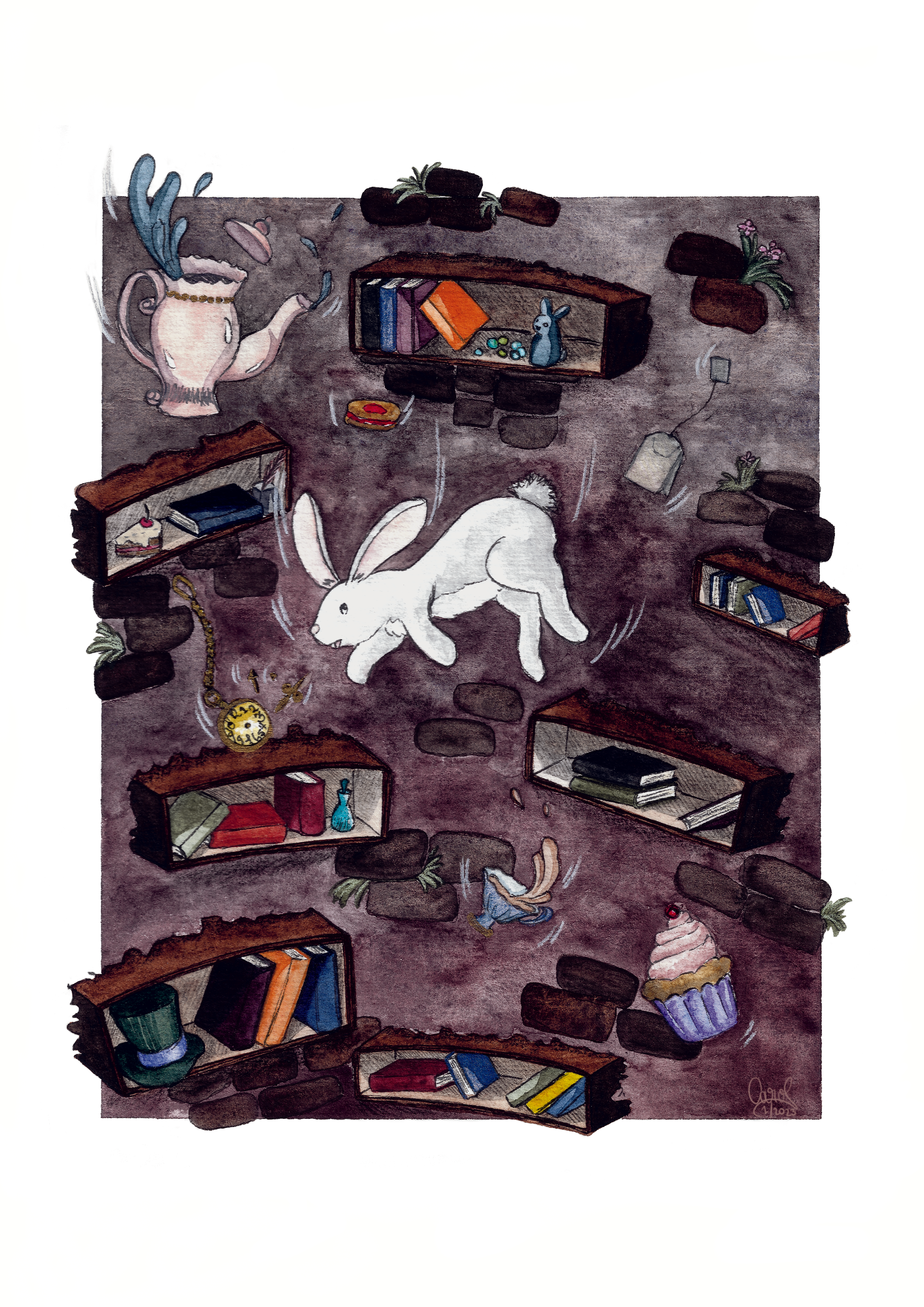 Art Print of "Down the Rabbit Hole" showing a white rabbit falling past shelves with books and items, inspired by Alice in Wonderland by C.S.Lewis.