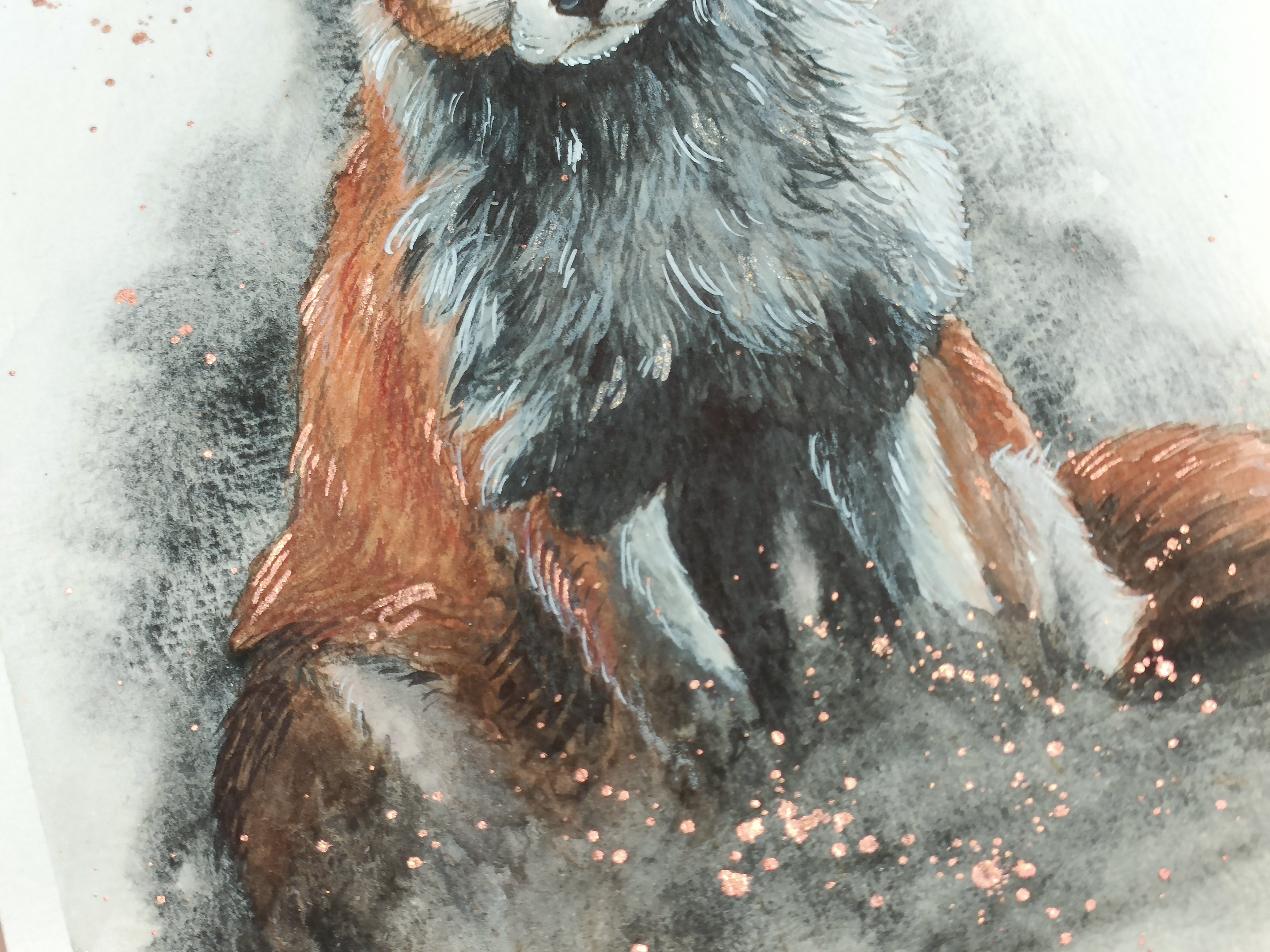 Close-up of Fox Version 1, showing shimmer splatter details and texture strokes.