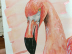 Close-up of the watercolour flamingo portrait, showing the shimmer accents and highlights.