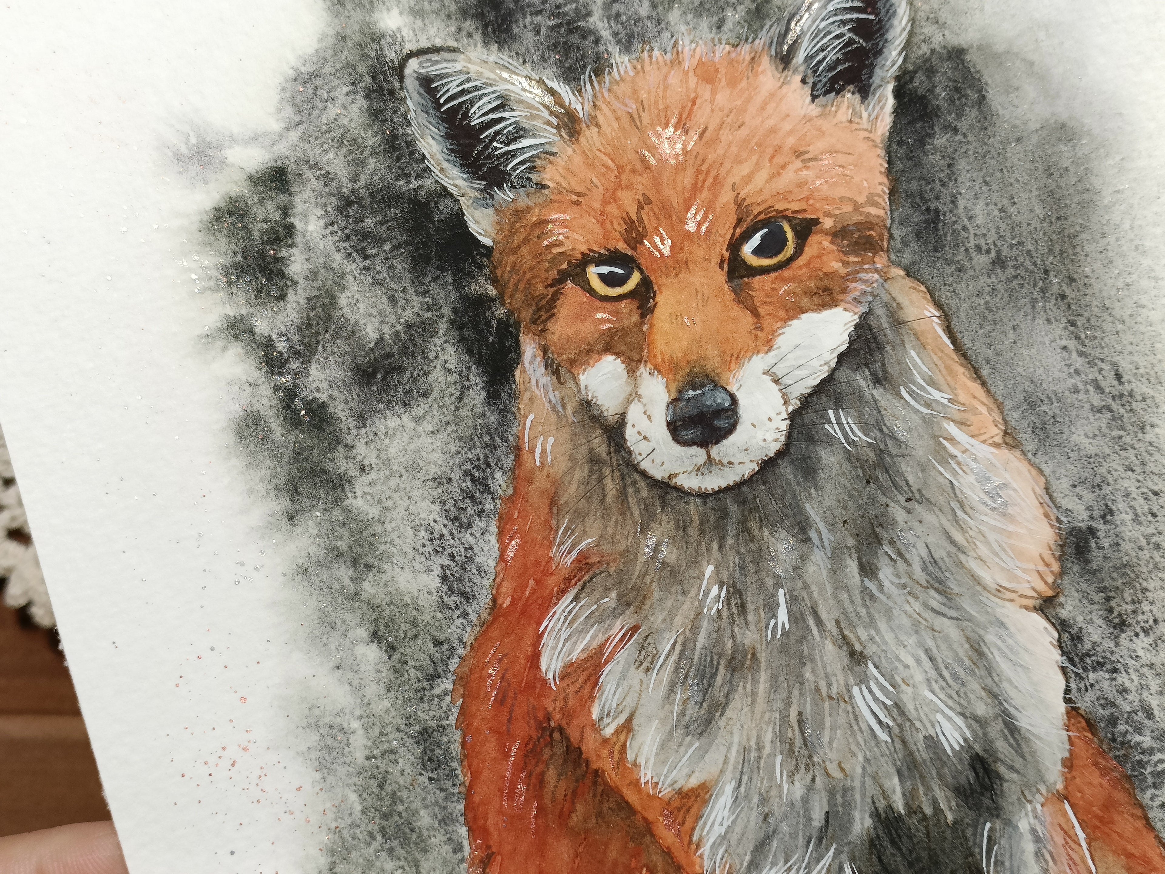 Close-up of Fox Version 2, showing details of textures and strokes, and subtle shimmer accents.