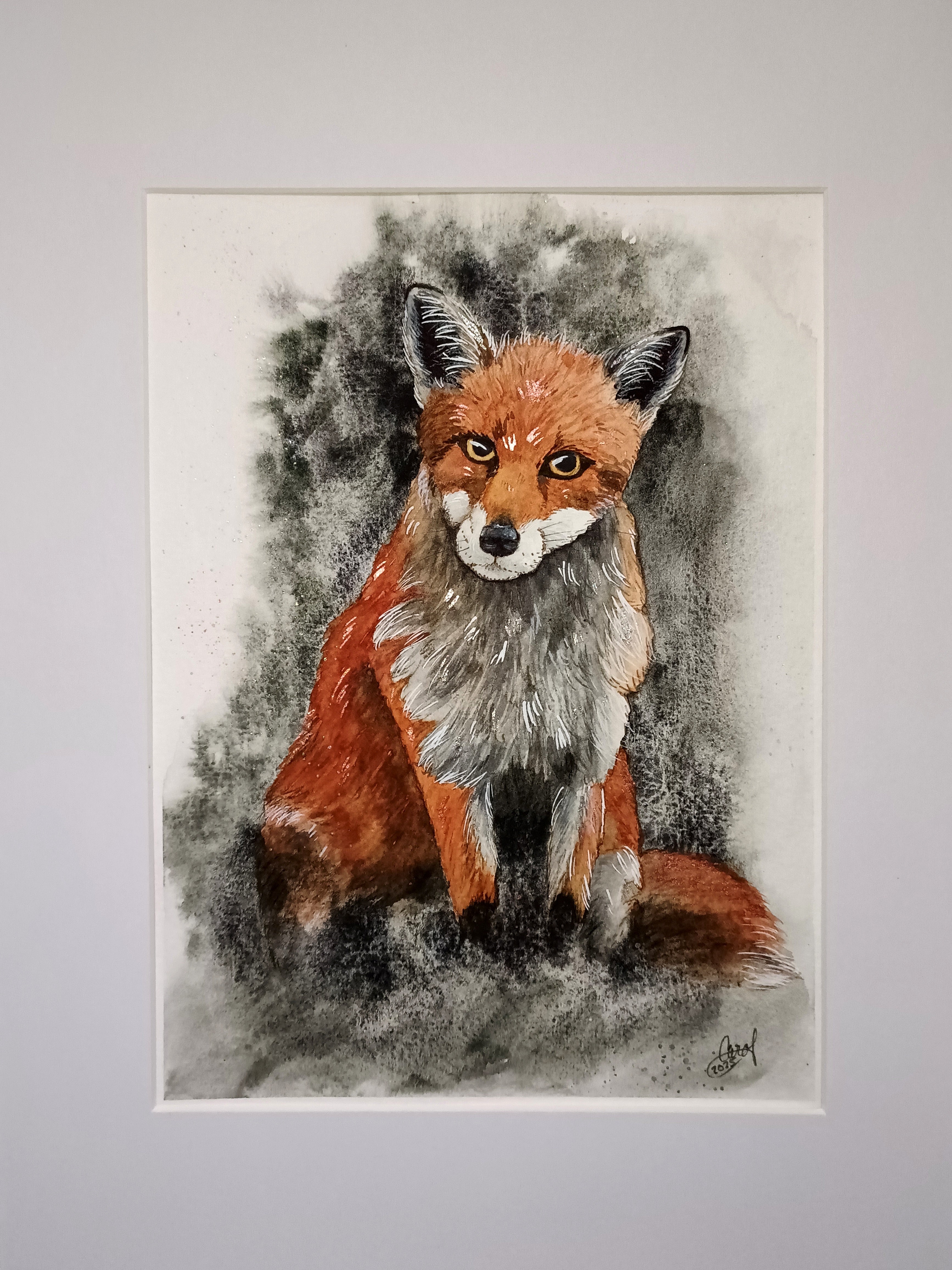 Watercolour painting Fox Version 2, matted but without a frame.