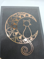 Black Mandala Moon Cat card with rose-gold foil.