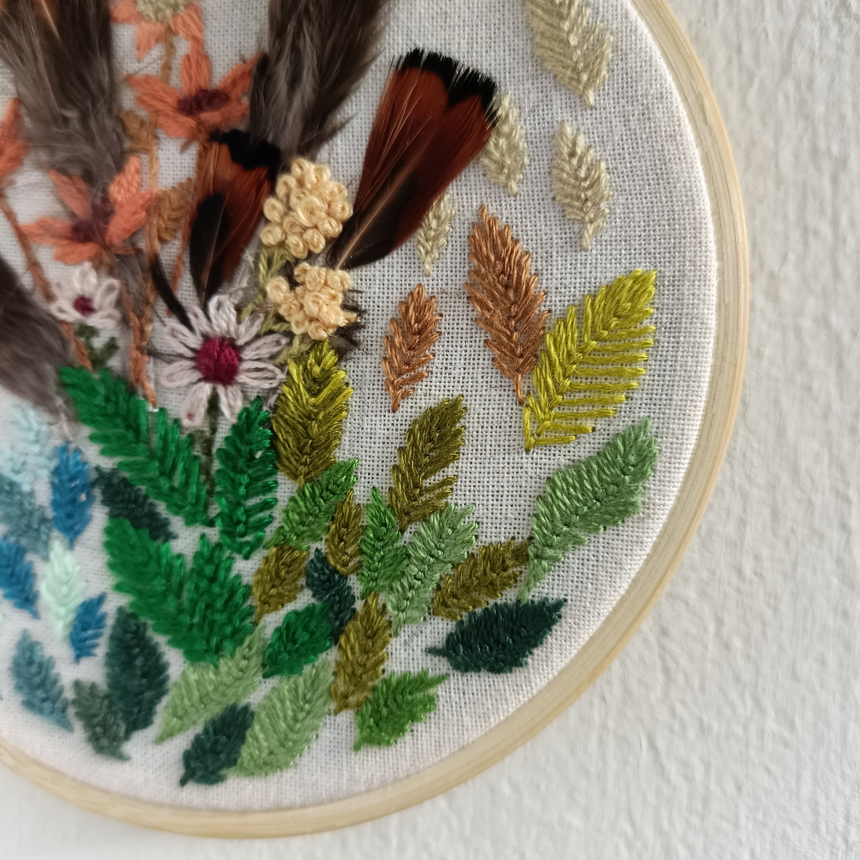 Seasonal Leaves - Small Embroidery with Feathers