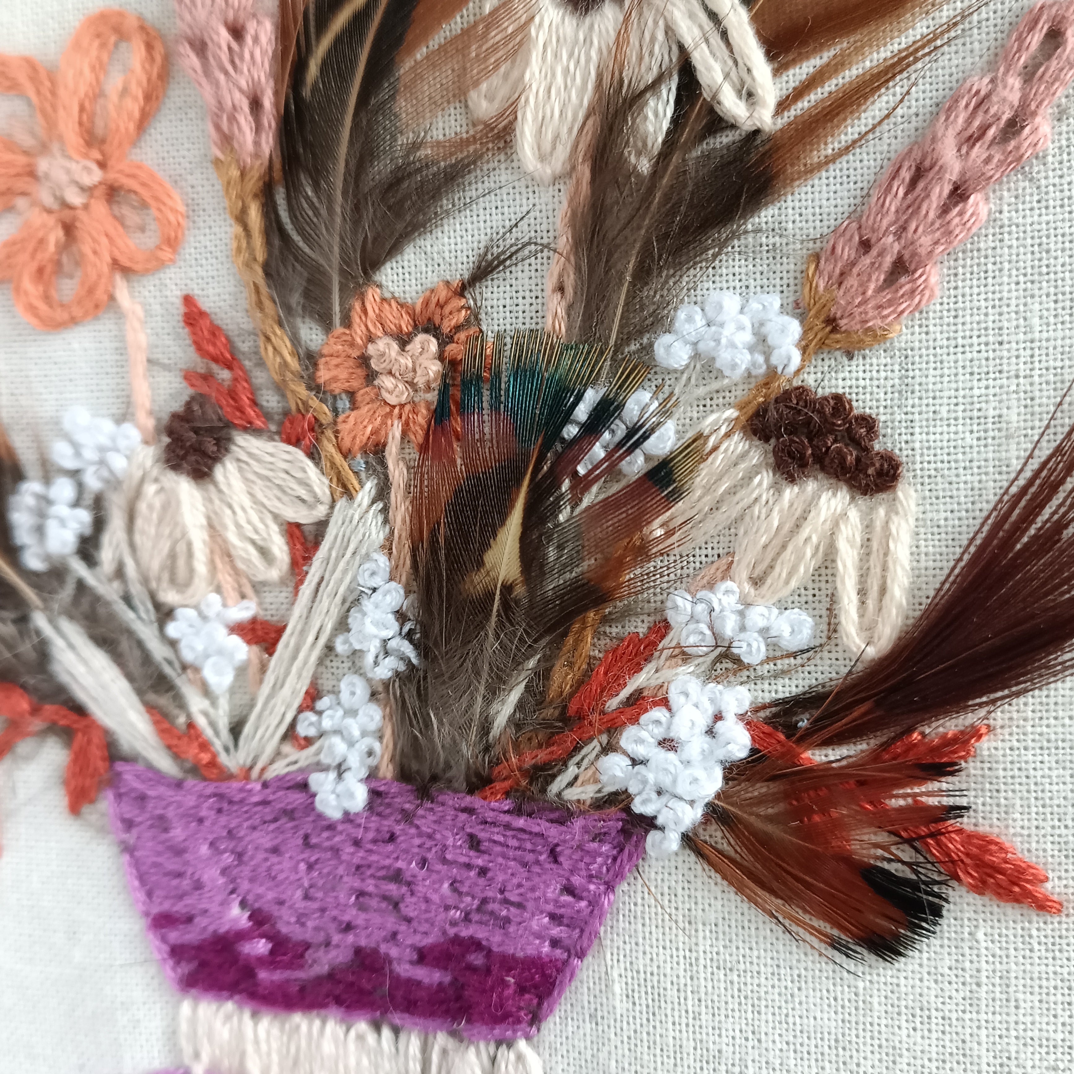 Autumnal Bouquet - Medium Embroidery with Feathers