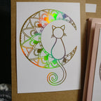 Kraft Mandala Moon Cat card with holographic gold foil.
