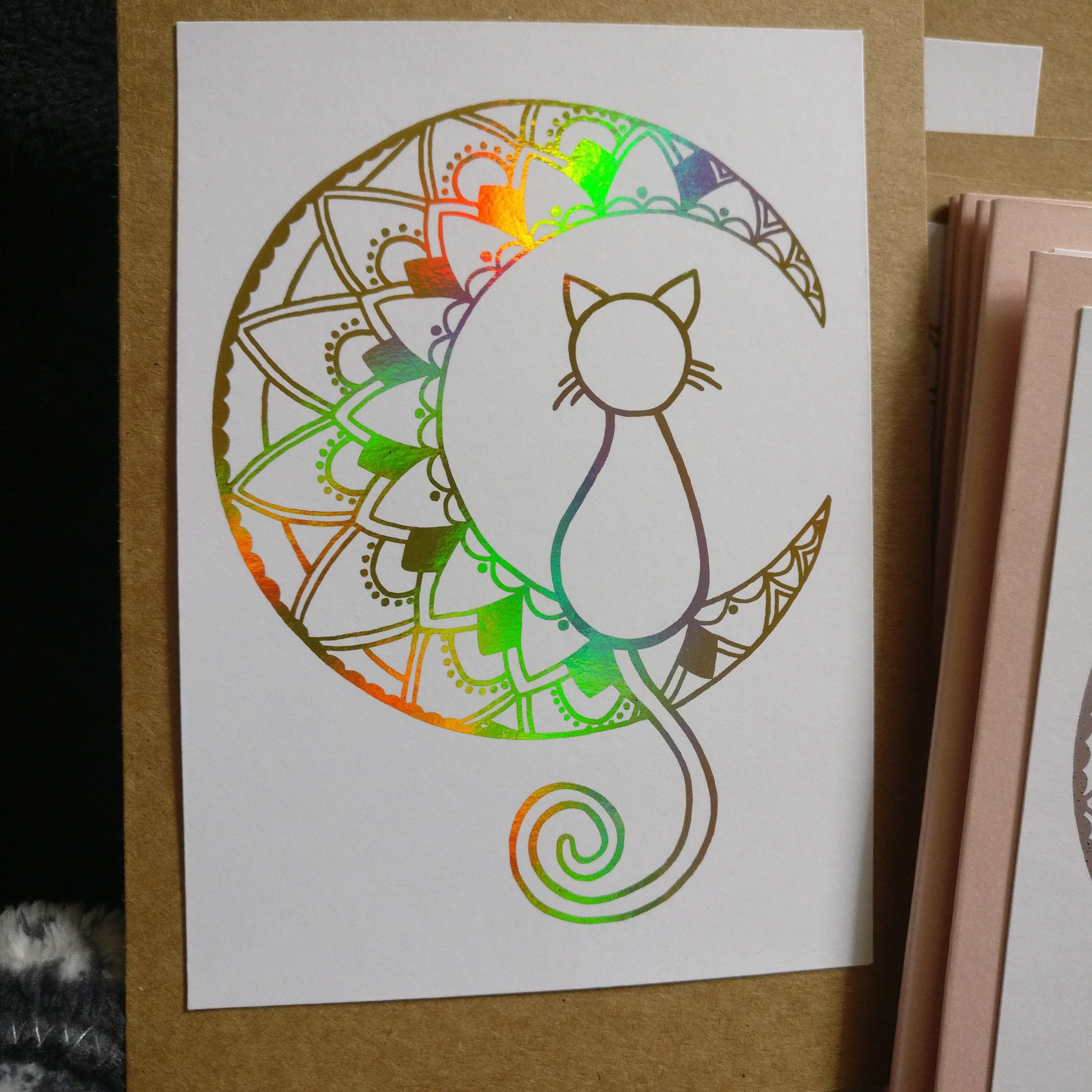 Kraft Mandala Moon Cat card with holographic gold foil.