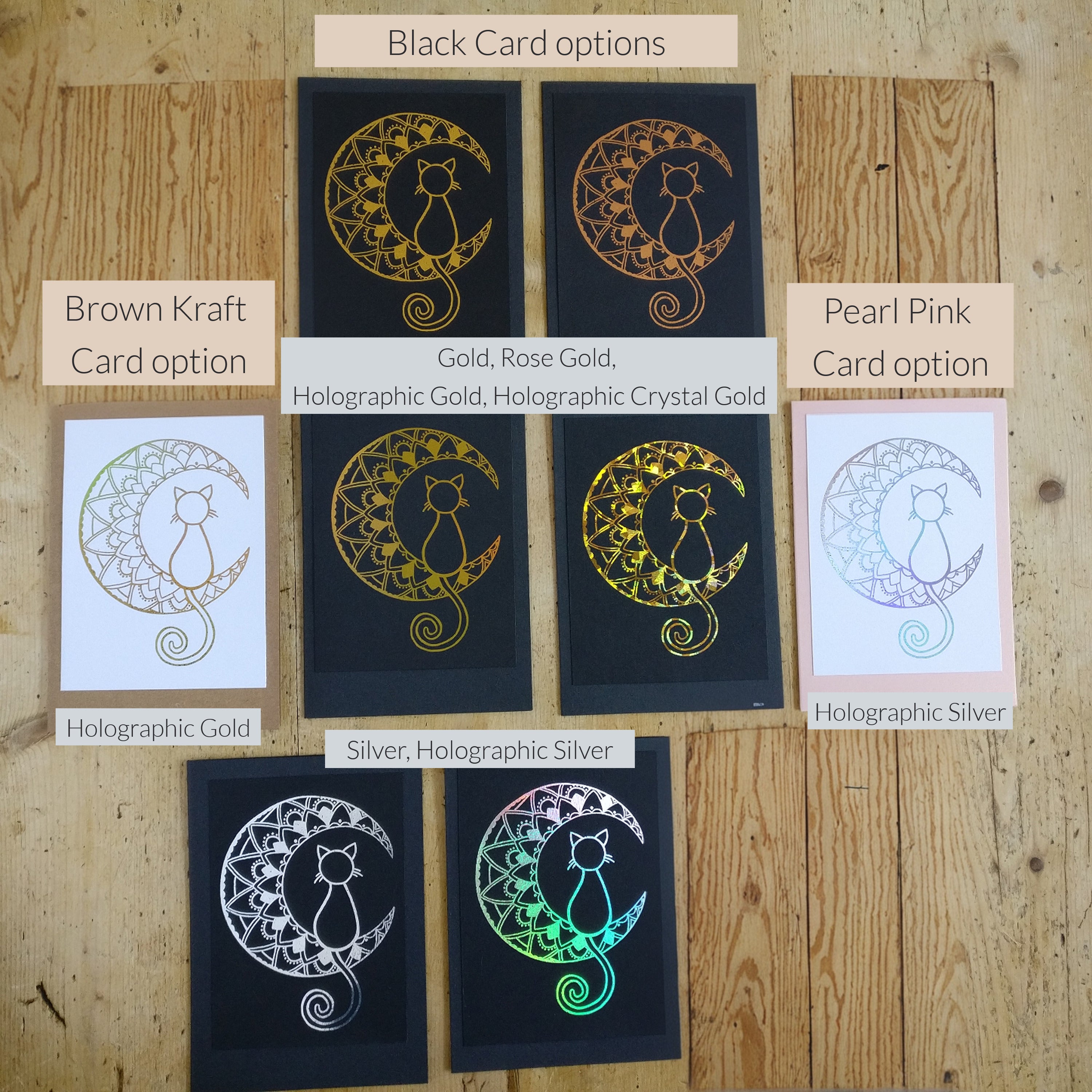 All available foil and card colour variations for the MoonCat greeting card.