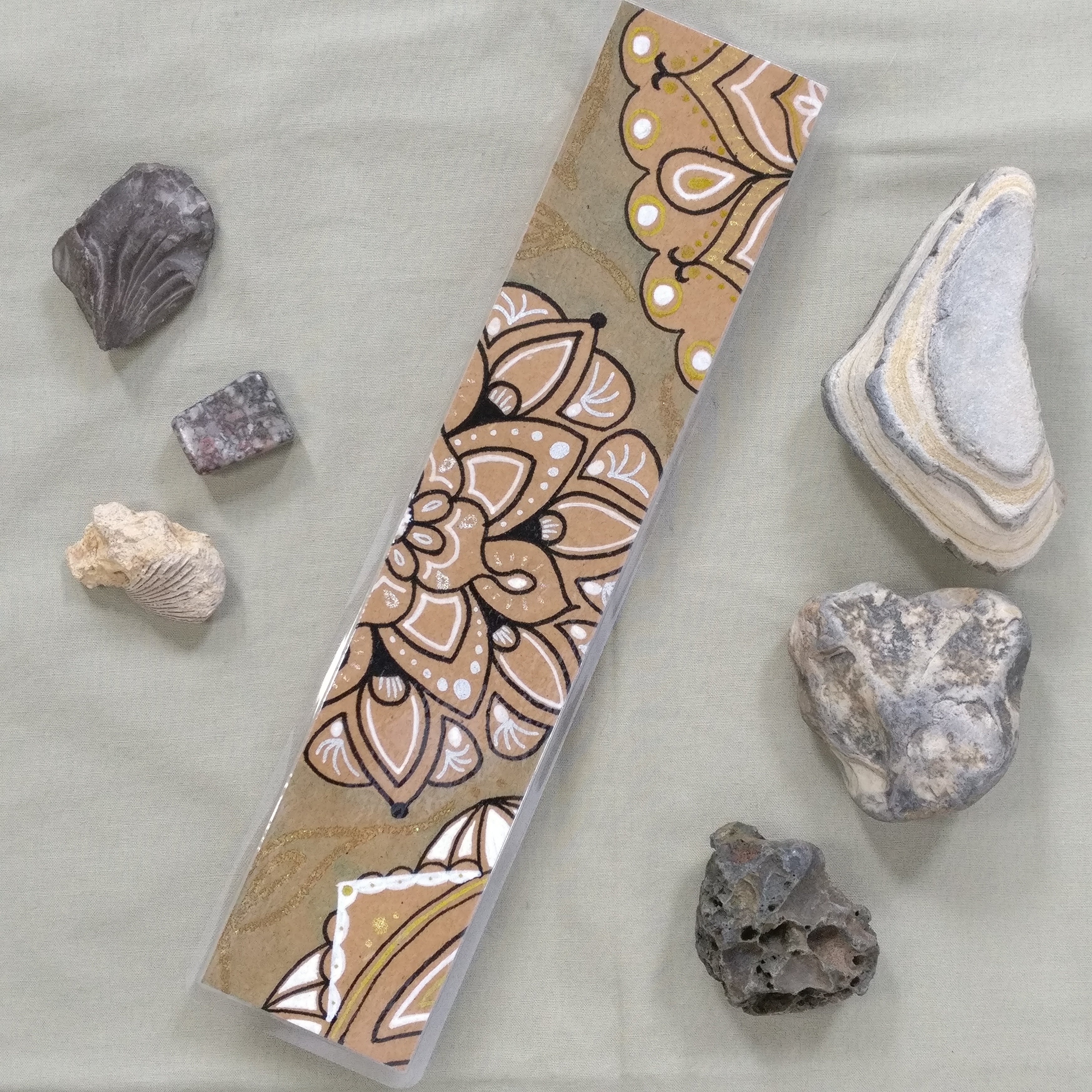 One of the aqua-coloured Mandala bookmarks on its own in full view.