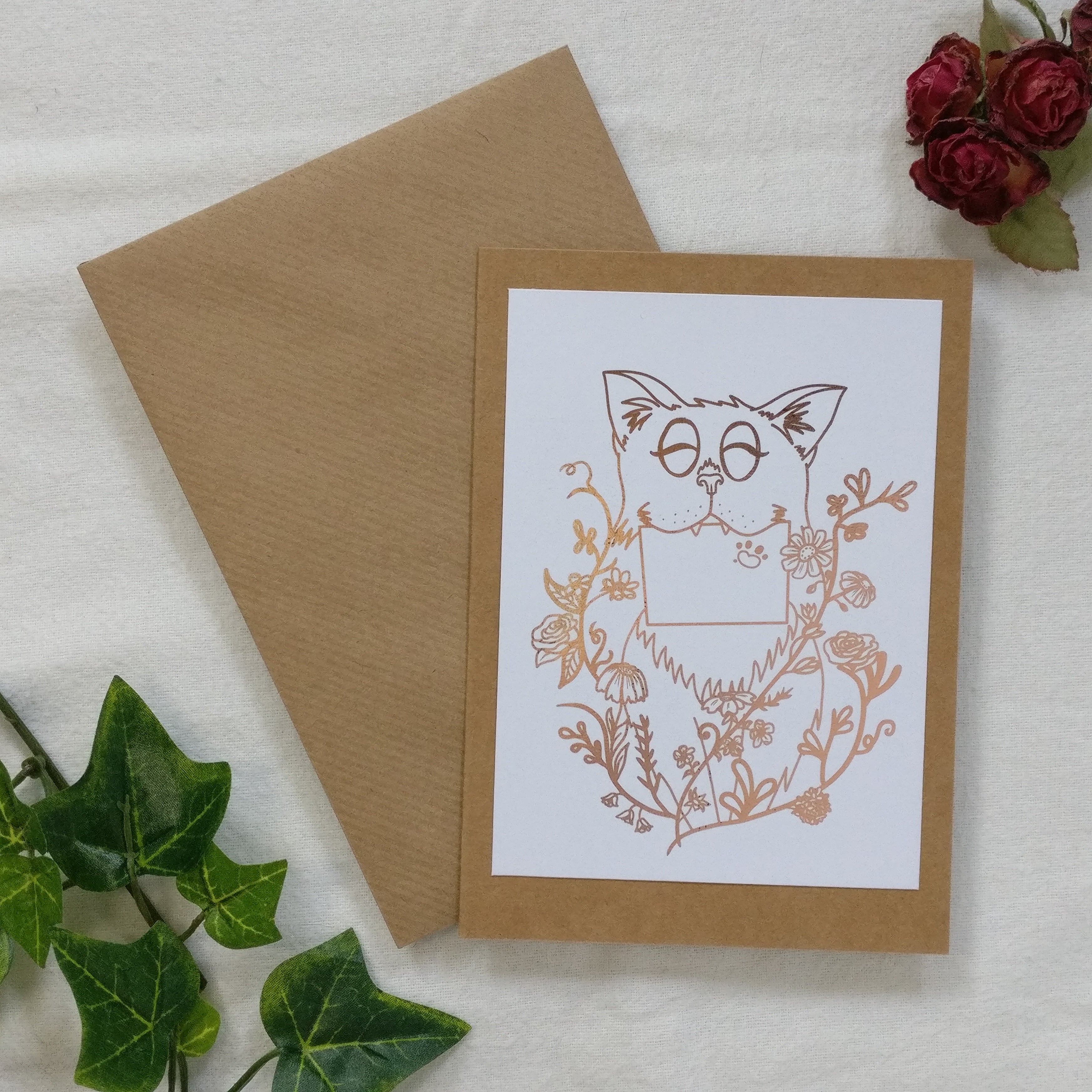 The Cat Mail greeting card with rose-gold foil.