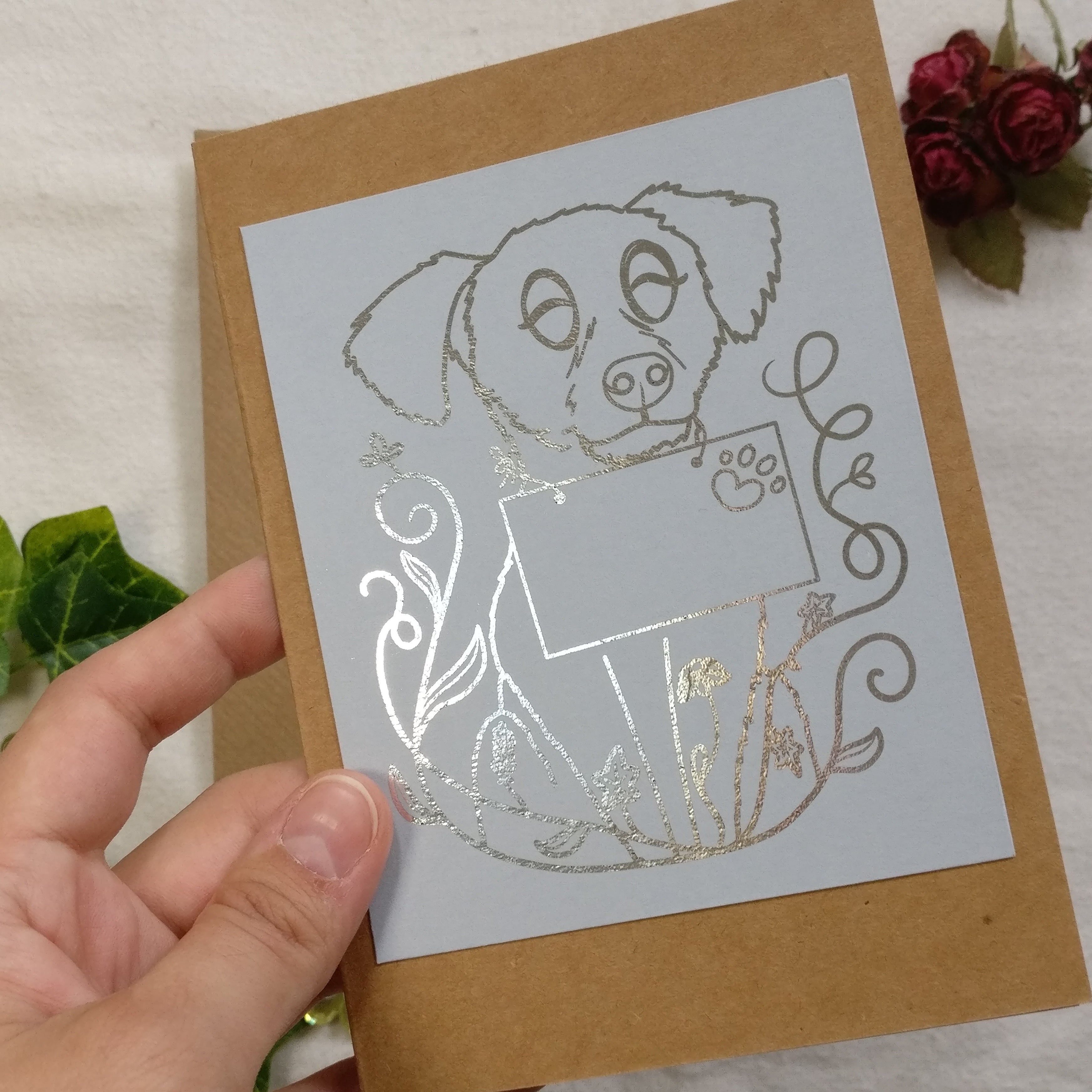 The Dog Mail card with silver foil.