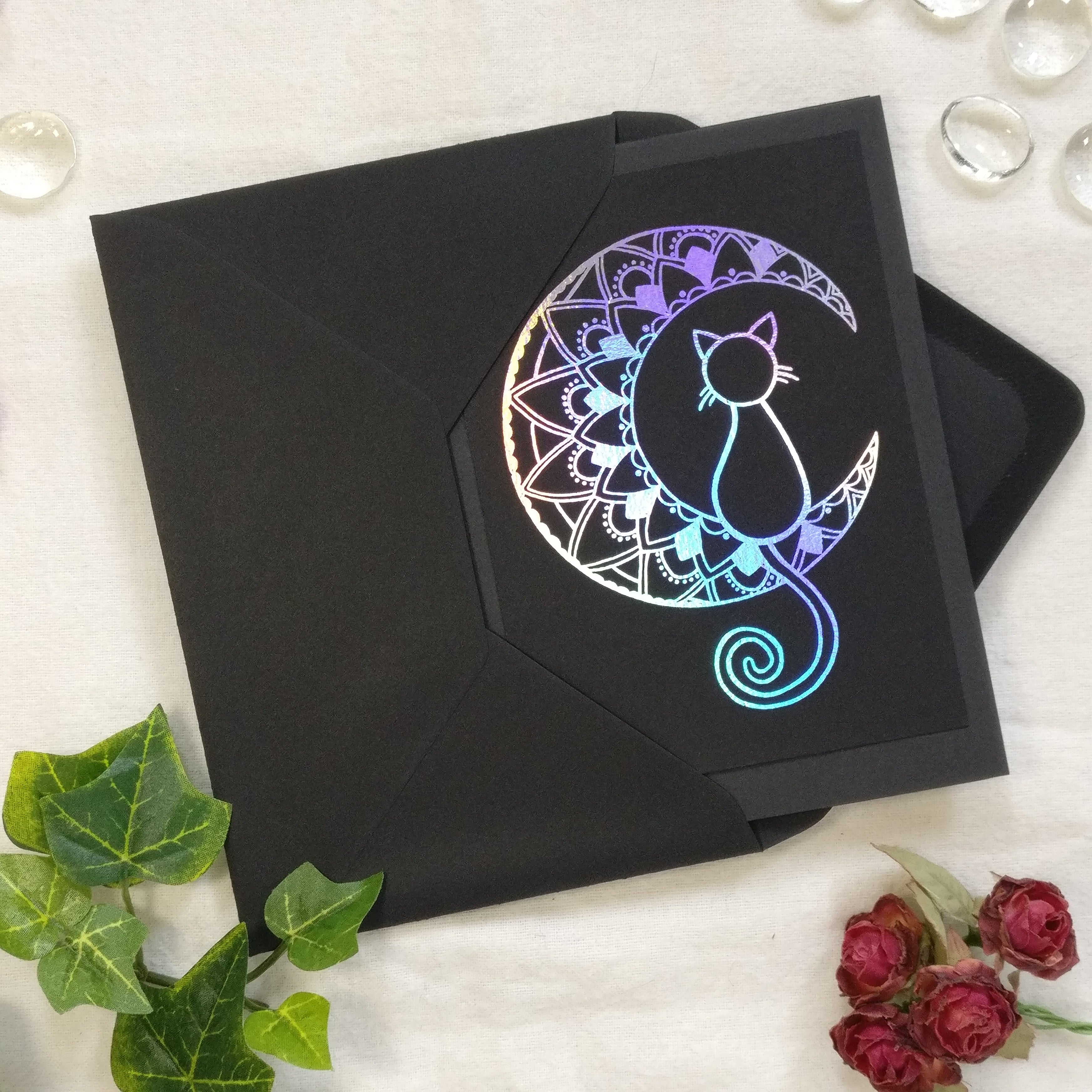 Black Mandala Moon Cat card with holographic silver foil.
