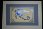 The blue foiled Eye of Horus print mounted on medium grey backing.