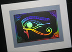 Holographic Silver foiled Eye of Horus on black cardstock, mounted on grey backing.