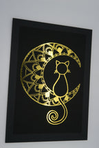 Black Mandala Moon Cat card with gold foil.