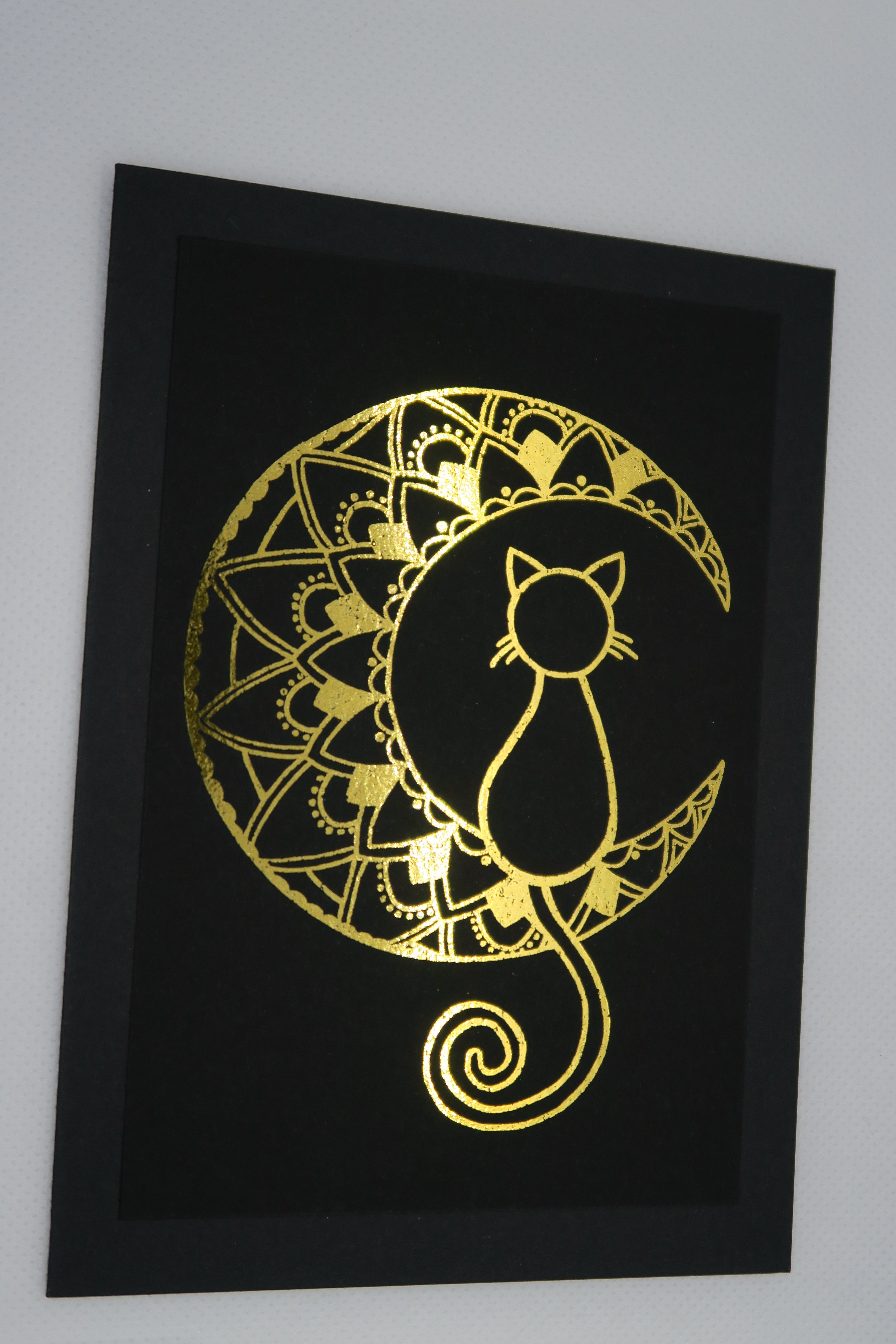 Black Mandala Moon Cat card with gold foil.