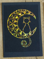 Black Mandala Moon Cat card with holographic crystal gold foil.