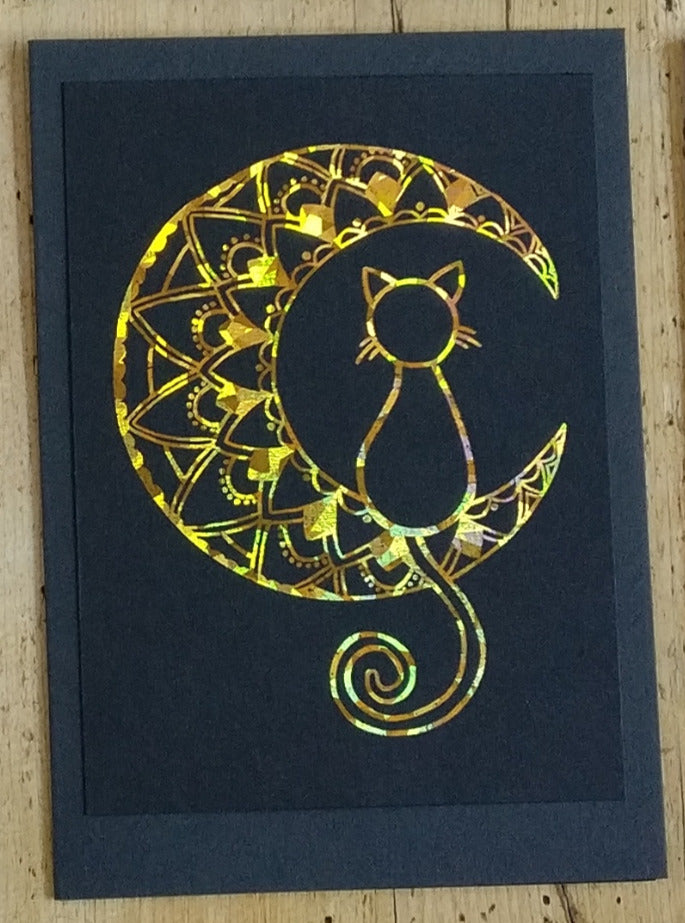 Black Mandala Moon Cat card with holographic crystal gold foil.