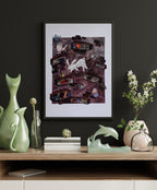 Showcasing the art print "Down the Rabbit Hole" in a frame on the wall.