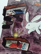 Close-up of the rabbit near shelves with books and a pocket watch.