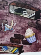 Close-up of the art print showing some shelves with books, and a spilling teacup and cupcake in mid-air.