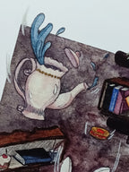 Close-up of some details from the "Down the Rabbit Hole" art print, focussed on a leaking teapot.