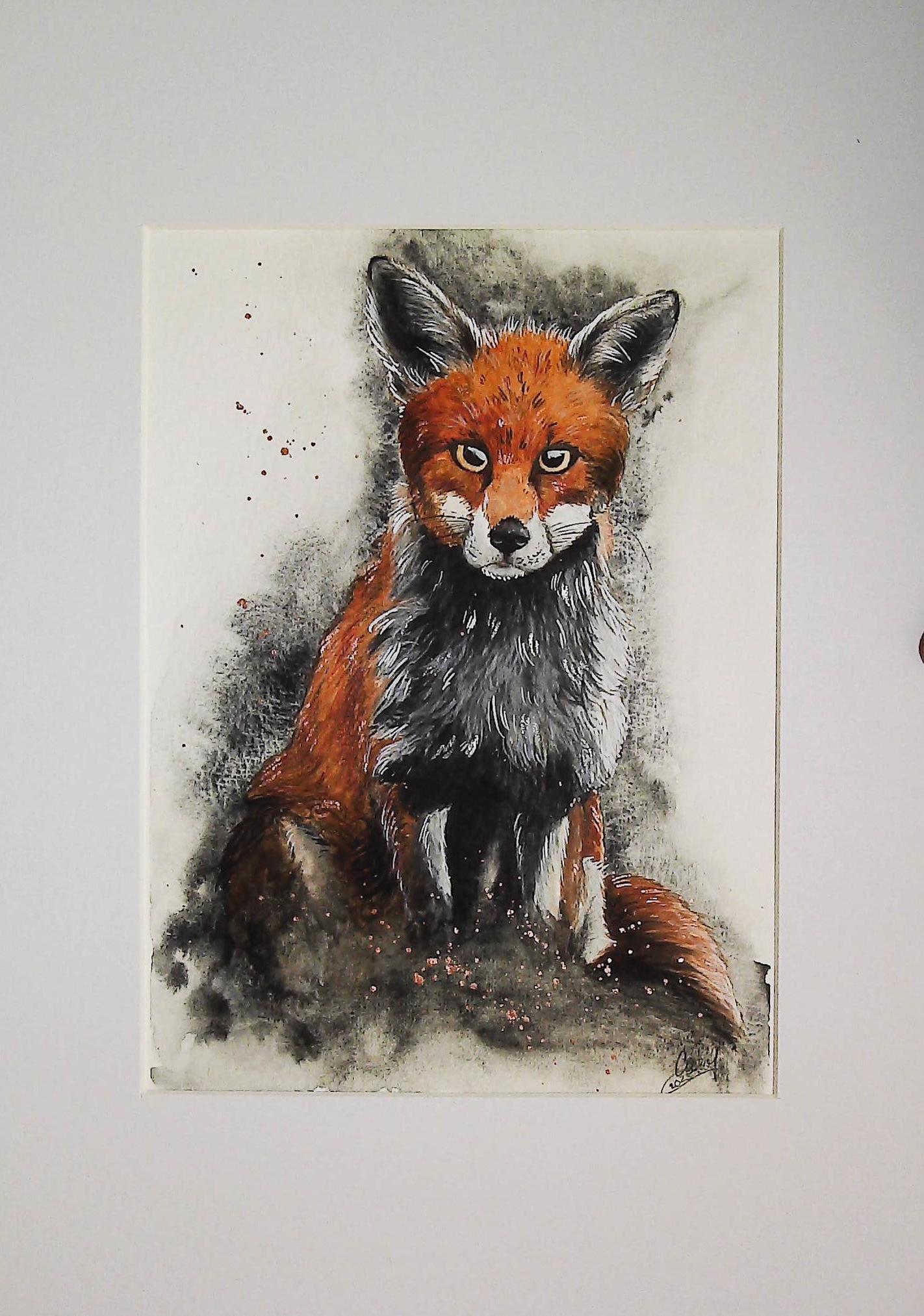 Watercolour painting Fox Version 1, matted but without a frame.